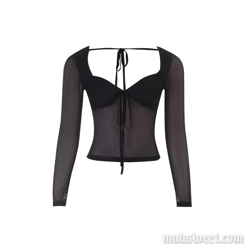 Gotische V-hals met strikceintuur, open rug, mesh