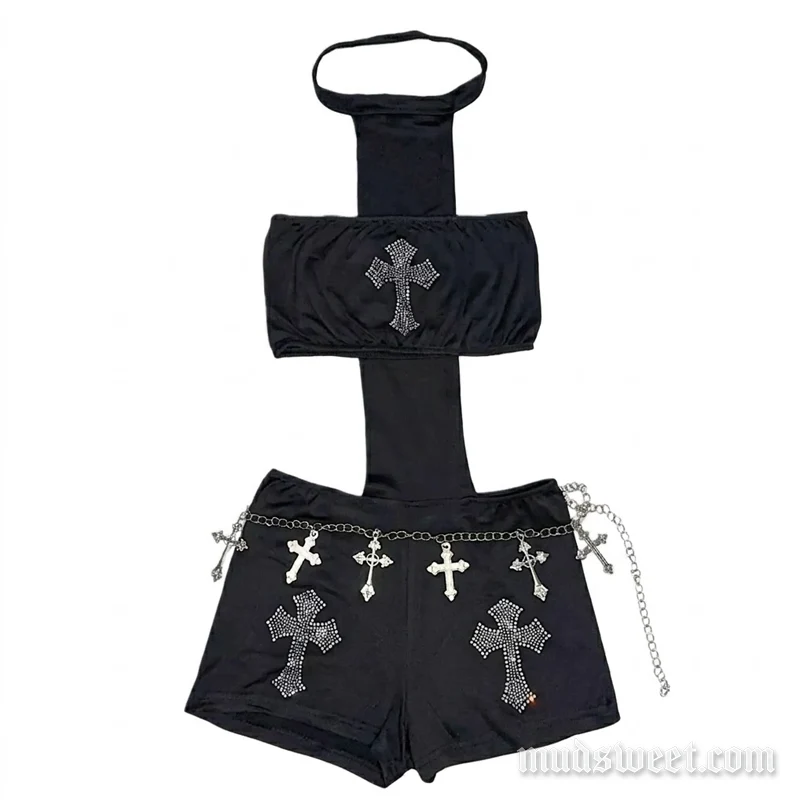 Halter jumpsuit met kruisvormige kralen, open rug en open rug