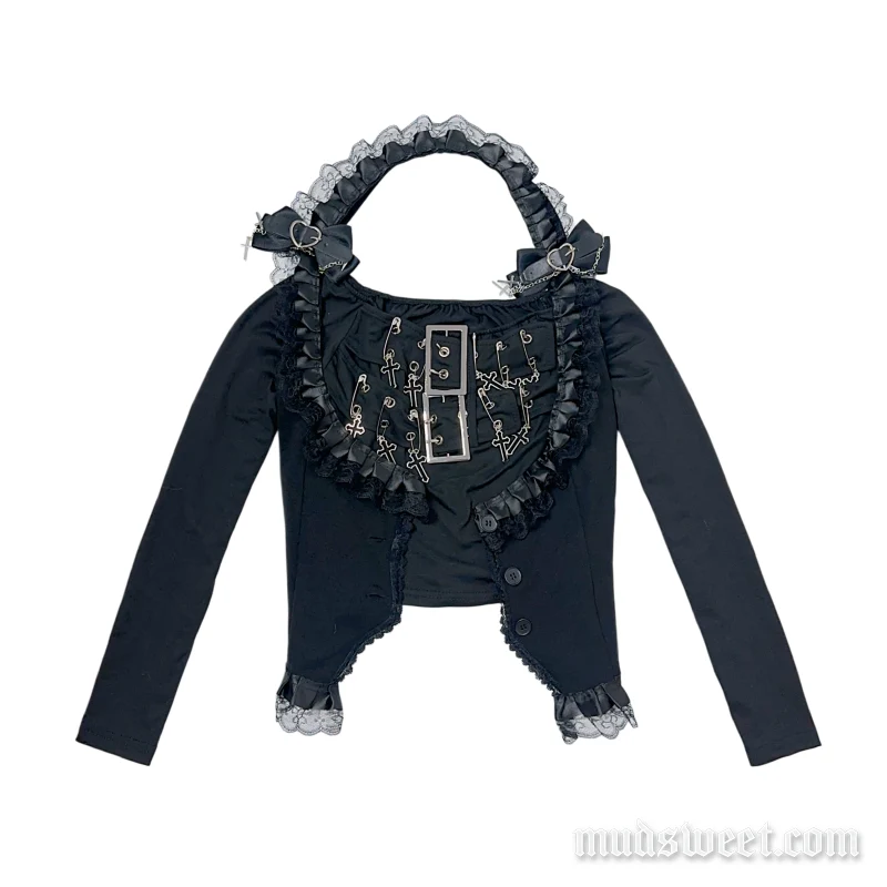 Top met lange mouwen, off-shoulder model, haltertop met kanten zoom en knoopsluiting.