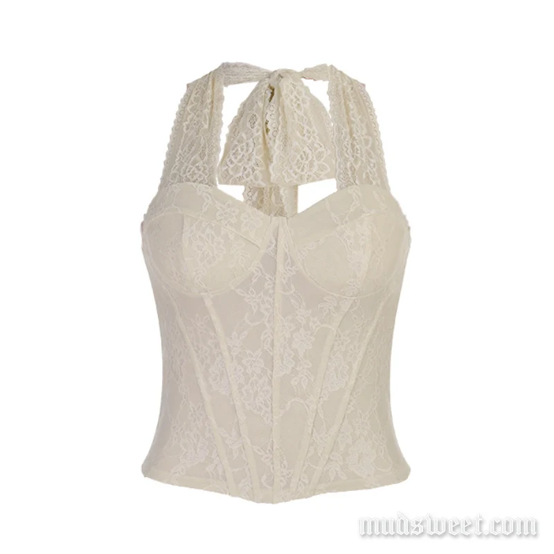 Fairycore haltertop met strikceintuur en kant