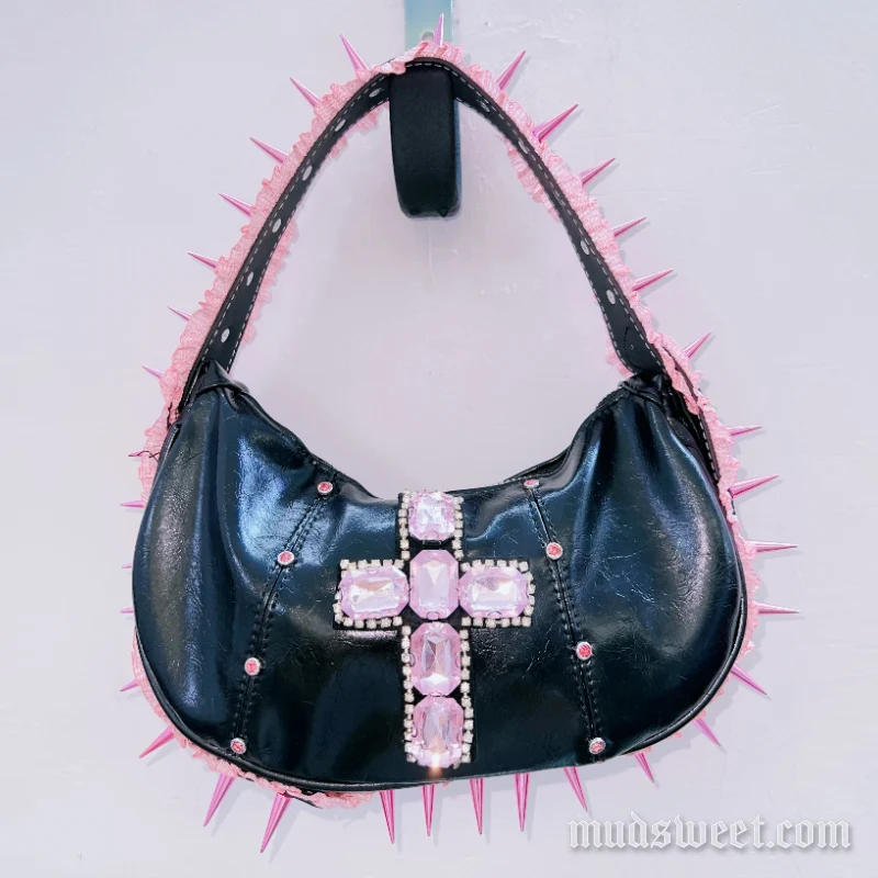 Fairycore klinknagel kruis decor PU leren tas