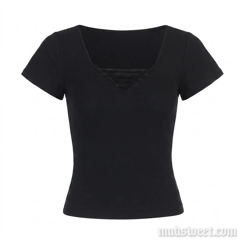 Grunge top met open V-hals en korte mouwen