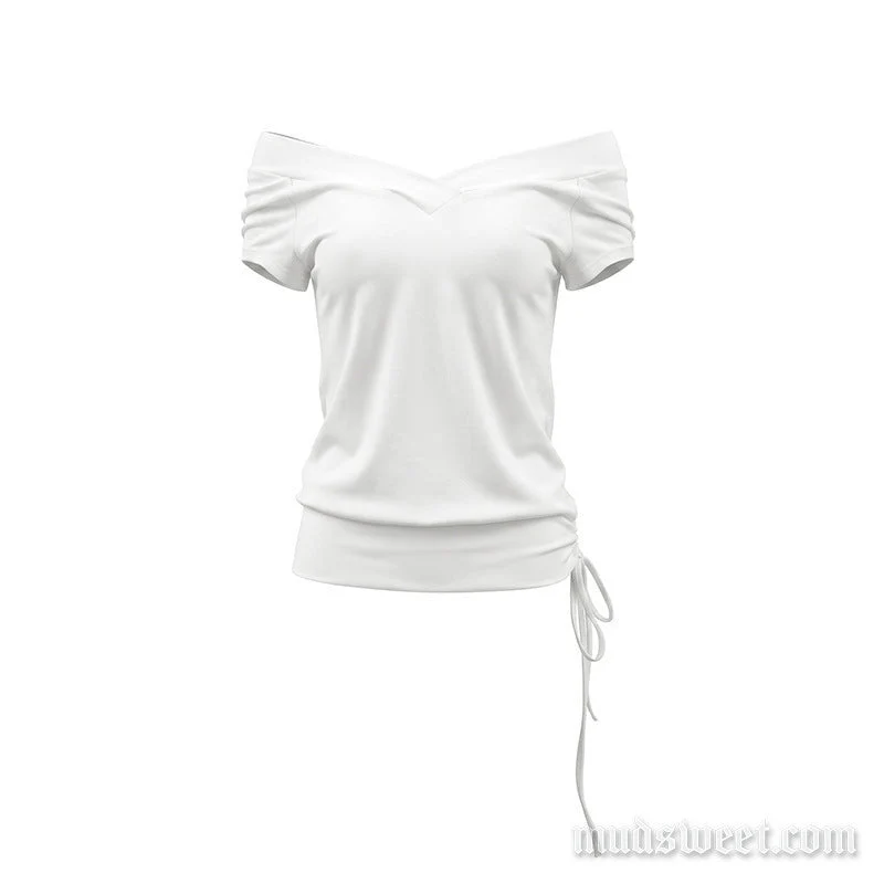 Off-shoulder top met V-hals, onregelmatige plooien en trekkoord.