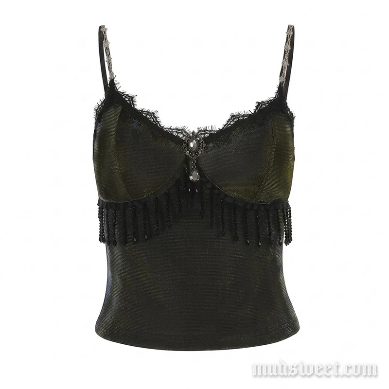 Fairycore cami top met kanten zoom en kwastjes, open rug
