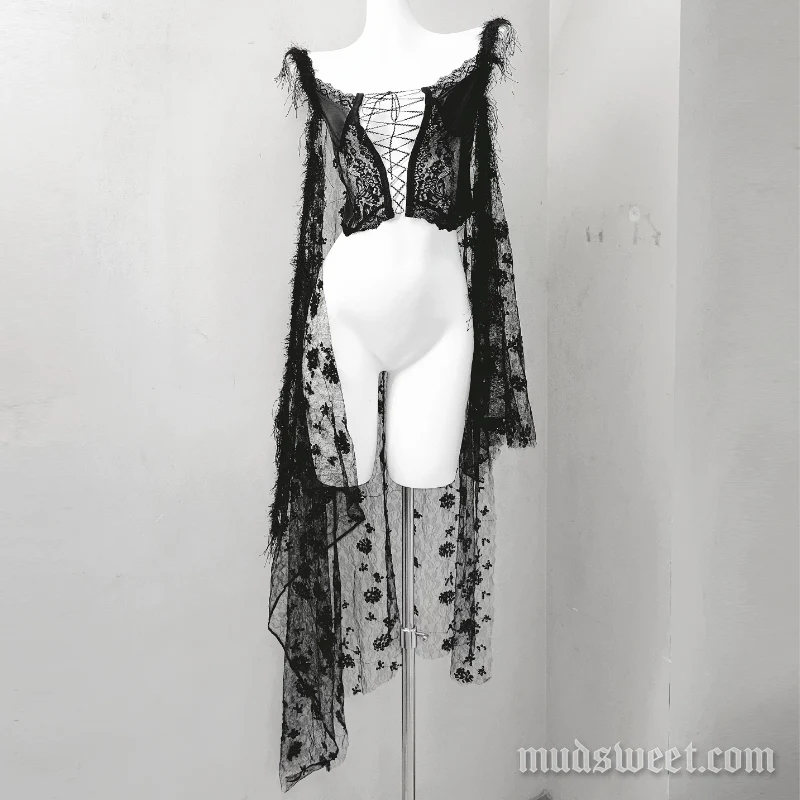 Cami top met vetersluiting, opengewerkte kanten details en rafelige zoom.