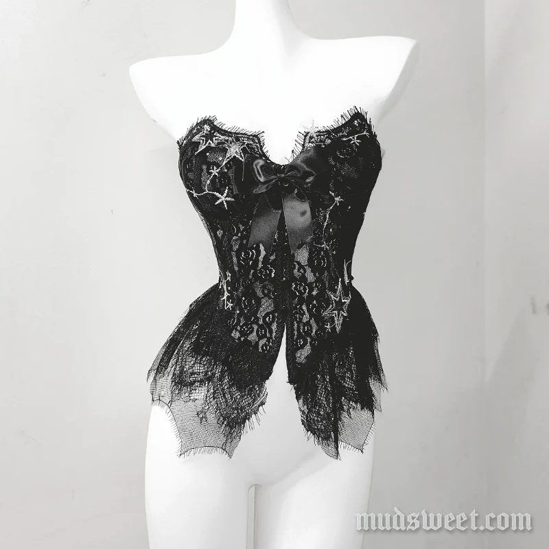 Fairycore bowknot lace embroidery tube top