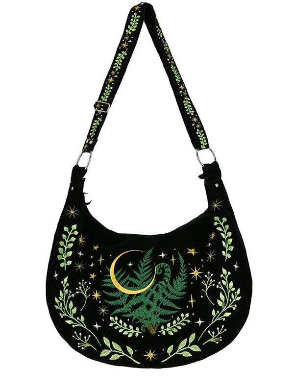 Gothic Velvet Handbag With Embroidery of Fern Leaves, Stars And Golden Moon - Stylish And Spacious