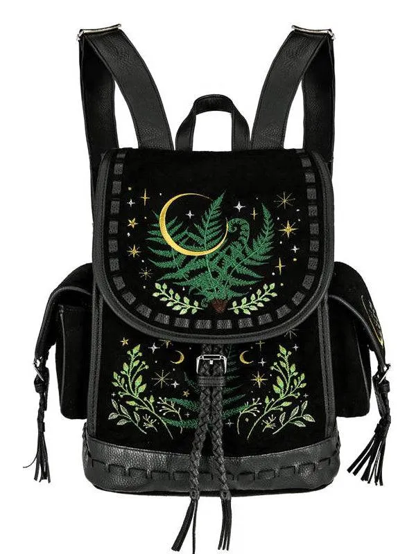 Gothic Velvet Backpack With Embroidered Fern Leaves, Stars & Herbs - Spacious Design