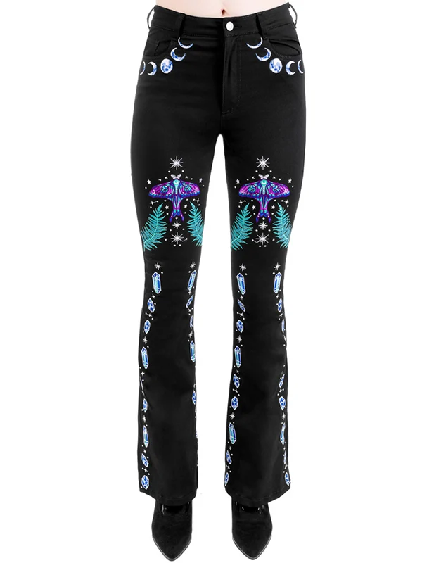 High-Waisted Flared Jeans with Enchanted Forest Embroidery in Dark Black Stretch Denim