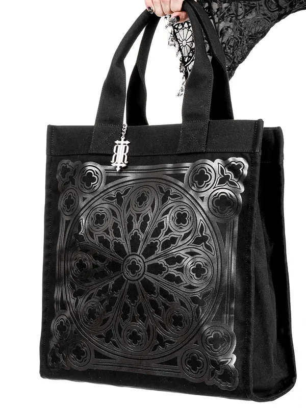 Gothic Rose Window Tote Bag – 100% Heavy Cotton Canvas with Gunmetal Print, Comfortable Handles