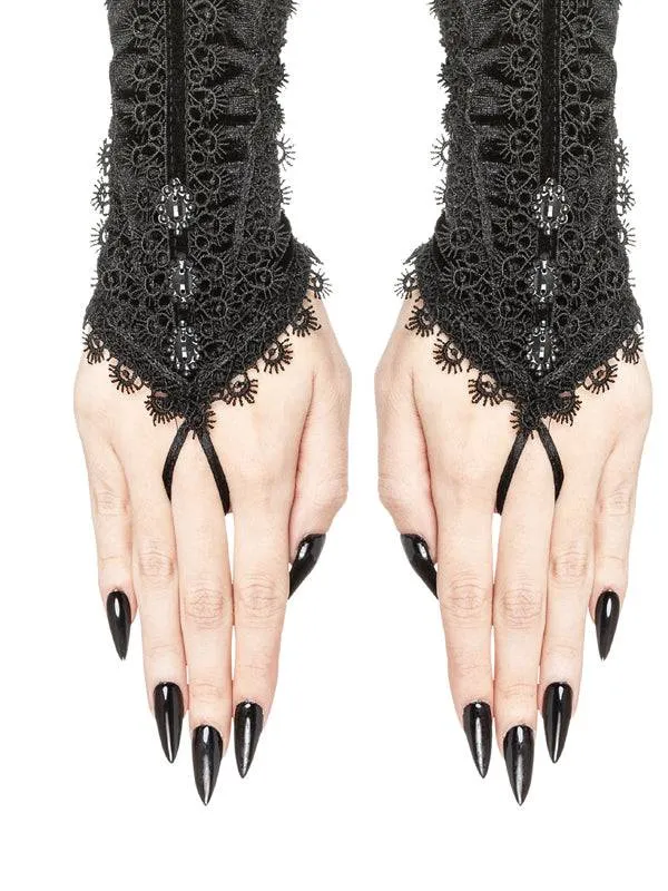Black Velvet Gloves with Brocade Lace, Tear-Shaped Appliqué & Satin Ribbon Loop