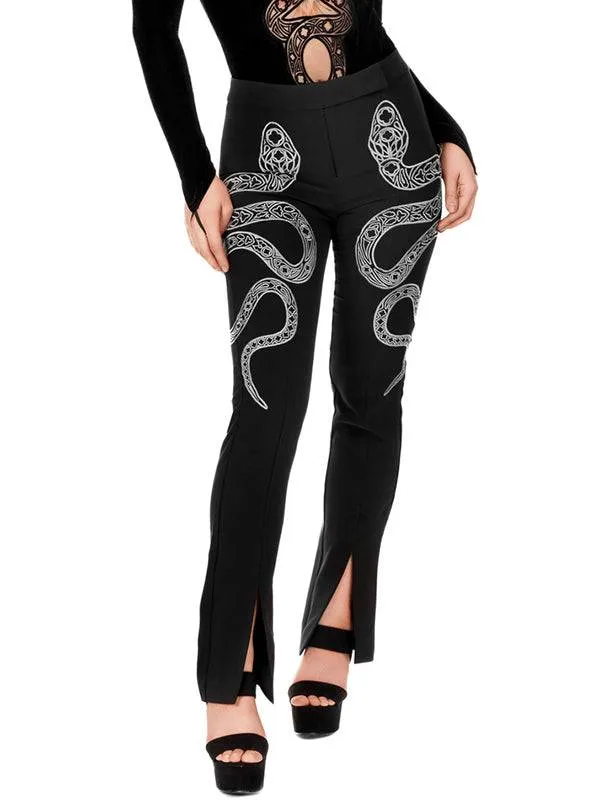 Gothic Slim Fit Trousers With Snake Embroidery And Cathedral Motifs