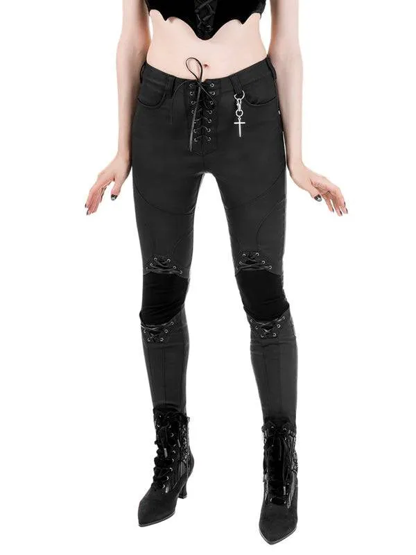 High-Waisted Skinny Trousers With Lace-Up Details And Waxed Denim Look - Restyle