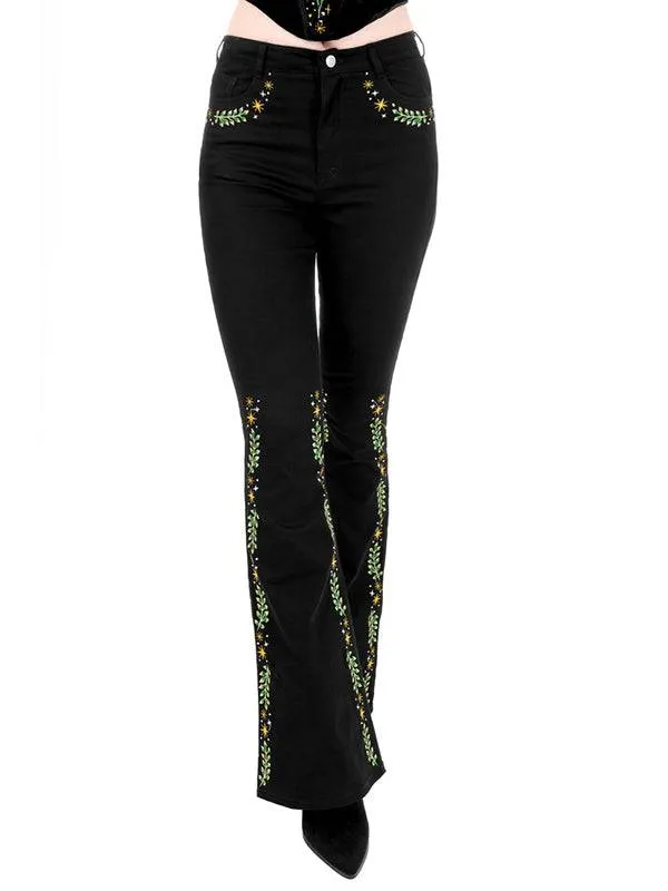 Retro High-Waisted Herbal Jeans with Floral Embroidery - Dark Black Stretch Denim