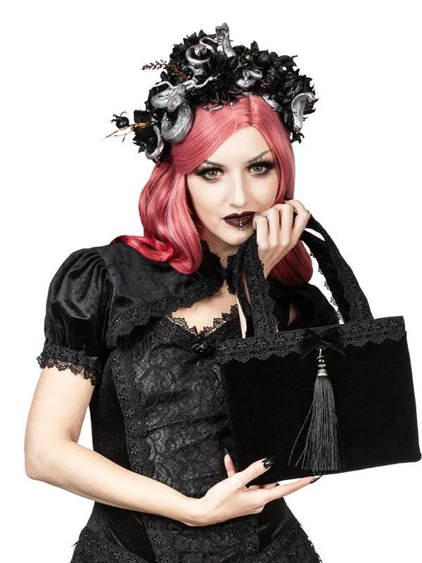 Lydia Black Velvet Handbag with Venetian Trim, Bow and Tassel Decoration