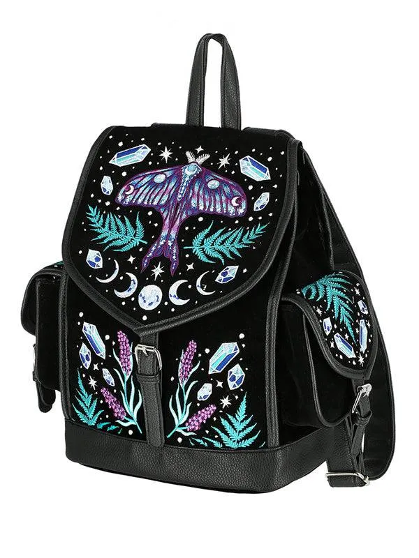 Enchanted Forest Backpack with Intricate Embroidery of Ethereal Moths, Moon Phases and Stars