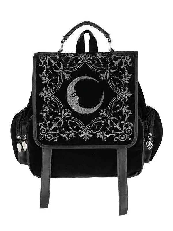 Crescent Backpack With Grey Moonshine Embroidery, Adjustable Straps & Organiser Pockets