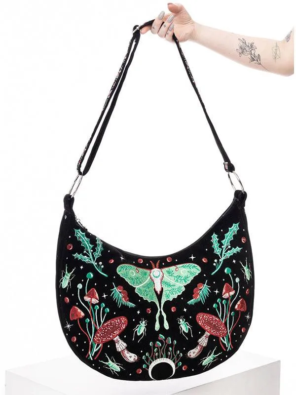 Luxurious Black Velvet Bag with Luna Moth and Nature Embroidery - Stylish Zippered Design