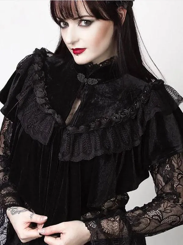 Gothic Black Velvet Shoulder Cape With Floral Embroidery And Lace Detailing