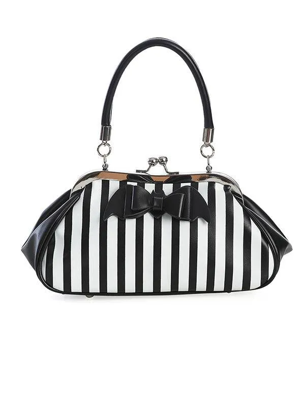Banned Mysterie Striped Black-White Handbag with Bat Bow, Faux Leather, Adjustable Shoulder Strap