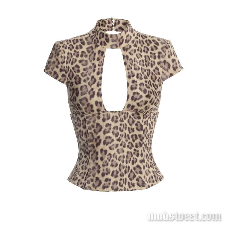 Top met luipaardprint, opengewerkte details en korte mouwen