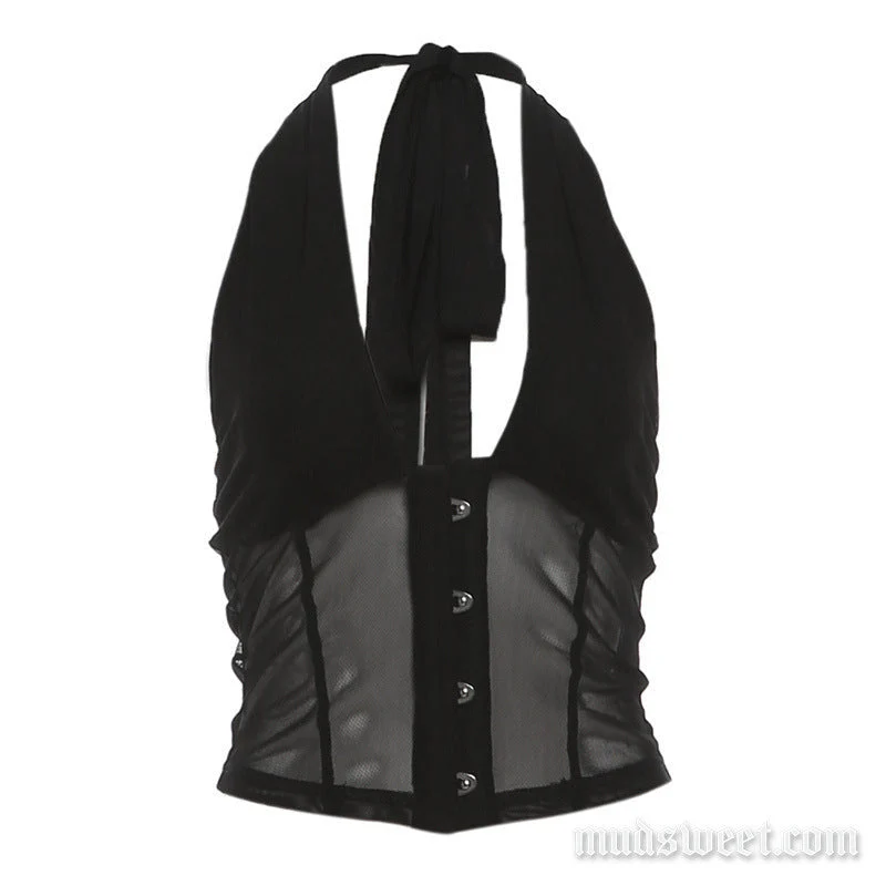 Goth halter mesh v neck backless top