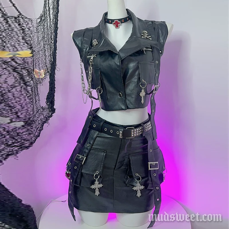 Goth PU leather metal chain mini skirt set