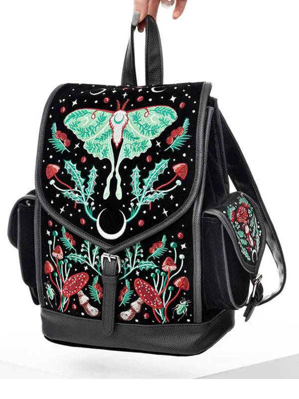 Autumnal Equinox Vegan Velvet & PU Leather Backpack with Intricate Embroidery, 2 Pockets