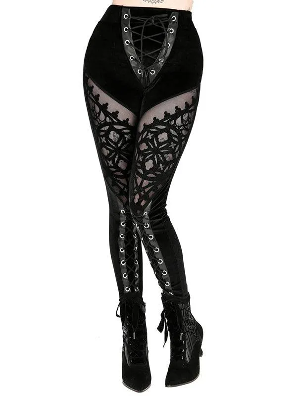 Black Velvet Leggings with Sheer Mesh Panels and Corset Lacing by Restyle