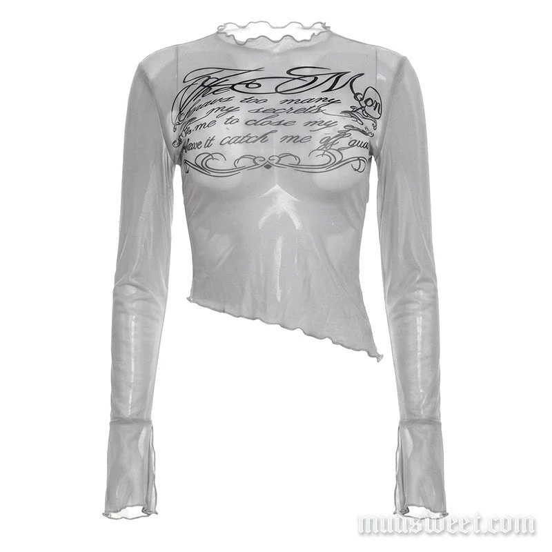 Fairycore top met ruches en doorschijnend mesh, lange mouwen