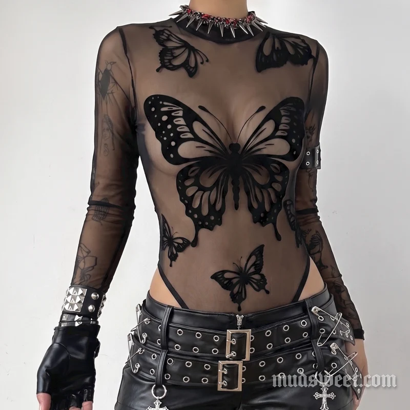 Bodysuit met lange mouwen, ronde hals en vlinderprint van mesh