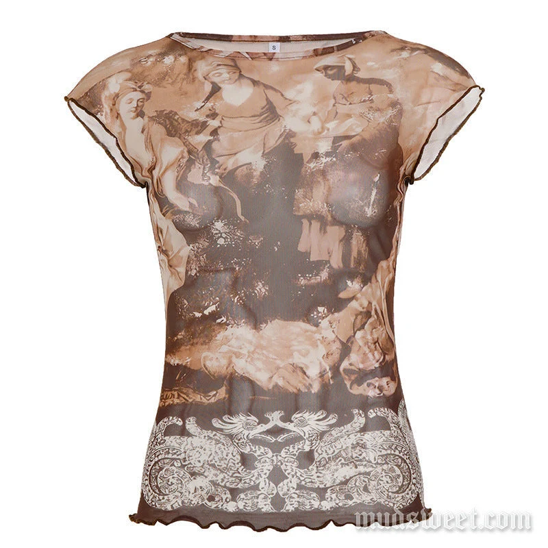 Top met korte mouwen, ruches, ronde hals en print, gemaakt van mesh.
