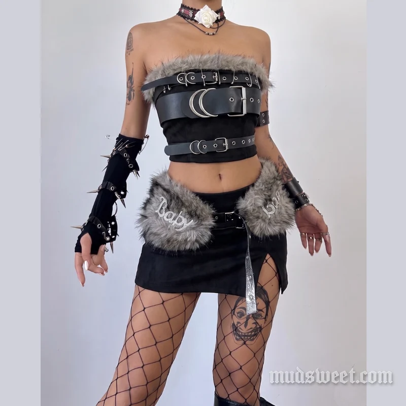 Y2K pluizige letter kralen tube minirok set
