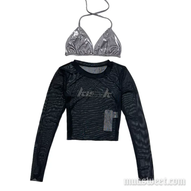 Grunge top met lange mouwen, lettermotief en kralenversiering, ronde hals