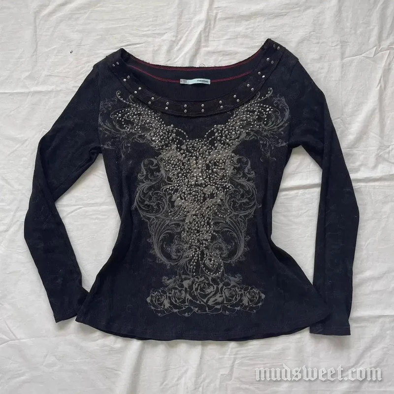 Grunge top met lange mouwen en V-hals, abstract ontwerp