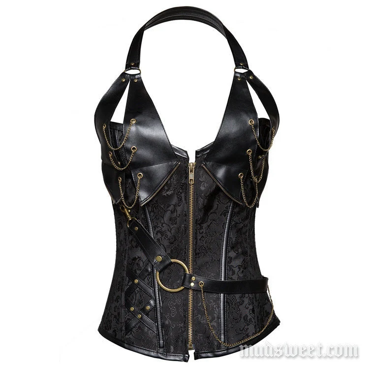 Haltertop met metalen ketting, O-ring en ritssluiting, gemaakt van PU-leer.