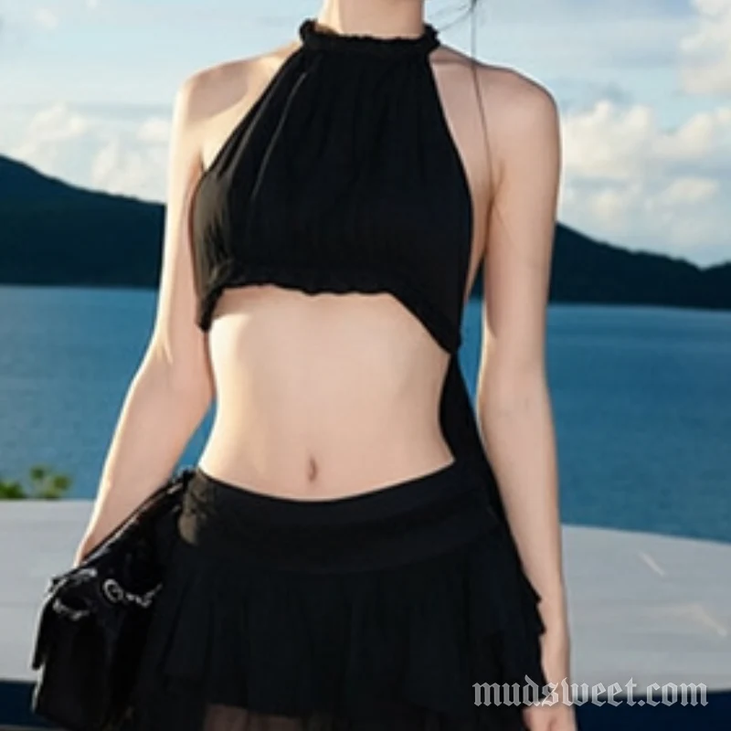 Ronde hals halter crop top met plooien, effen kleur