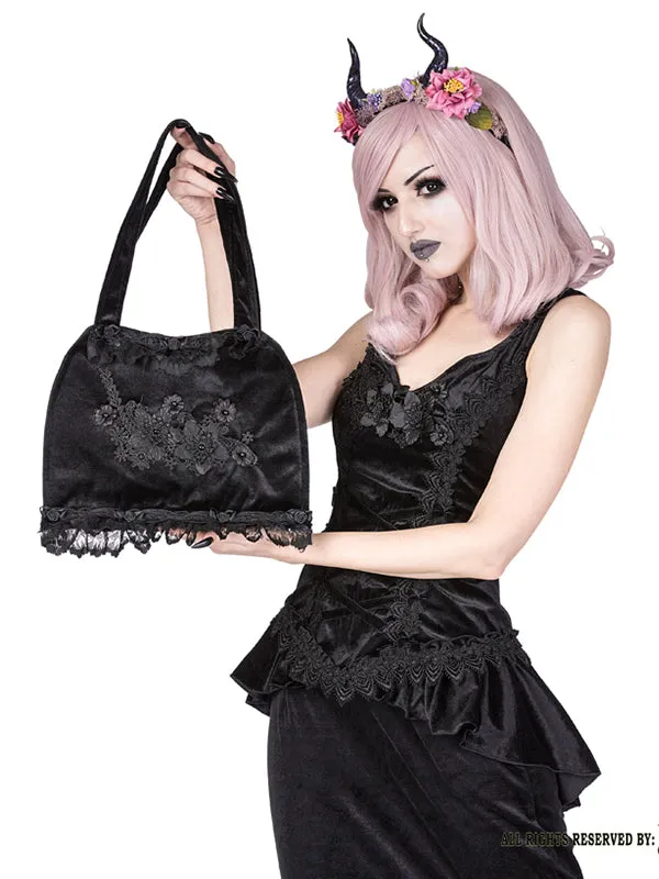 Sinister Black Floral Bag with Appliqué, Beads & Satin Rosebuds - 22x30 cm