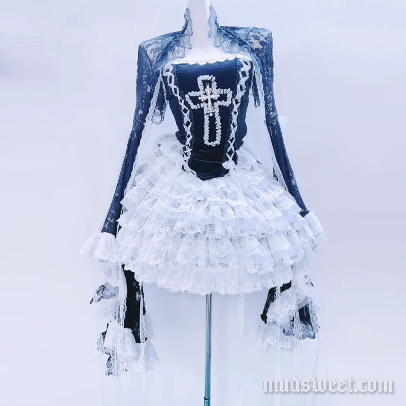 Fairycore lace cross applique mini skirt set