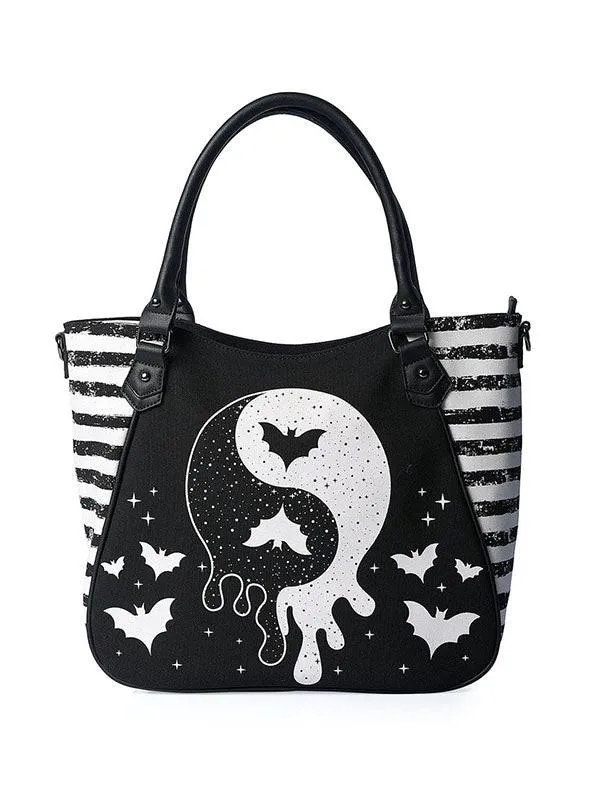 Banned Yin Yang Bats Handbag – Printed Canvas With Removable Shoulder Strap, 43x14x32 cm