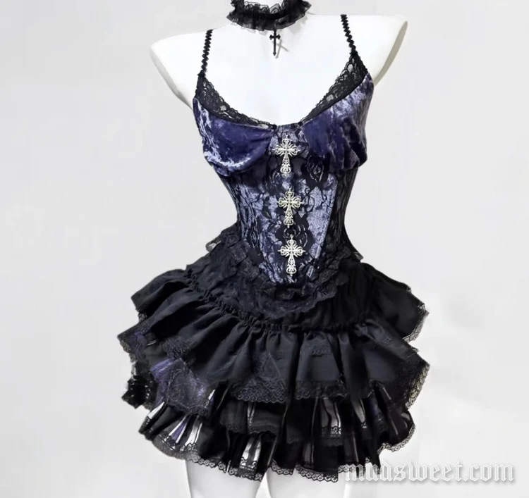 Fairycore set met cami-minirok met kanten zoom en ruches