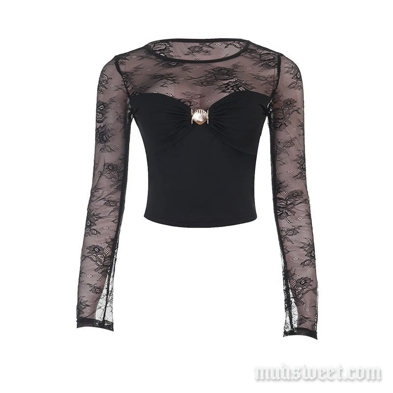 Top met lange mouwen, ronde hals en kanten details