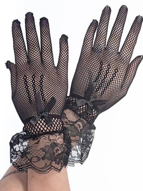 Queen Of Darkness Romantic Fishnet Gloves With Ruffles And Bows