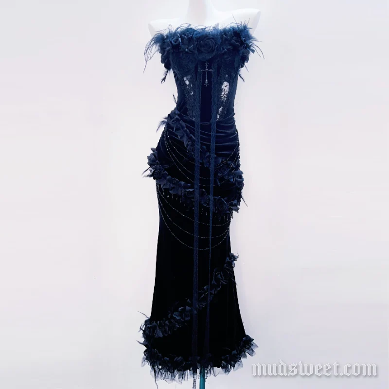 Fairycore maxi-rok met veren, ruches en bloemenmotief, inclusief tube rok set.