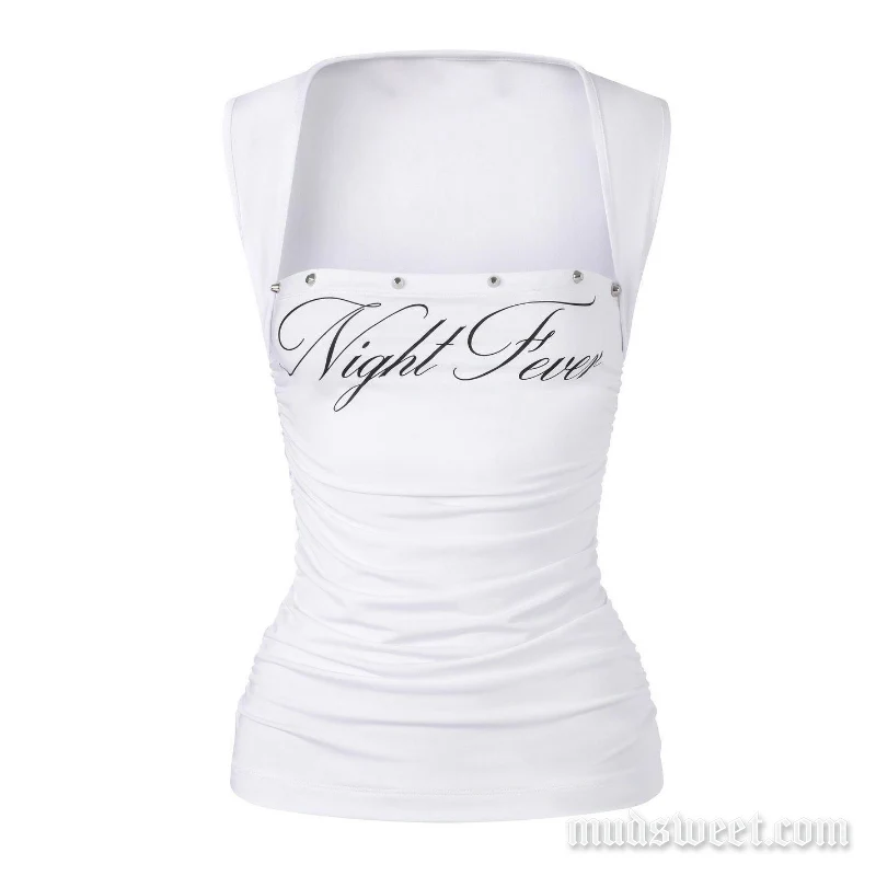 Goth square neck ruched letter pattern rivet top