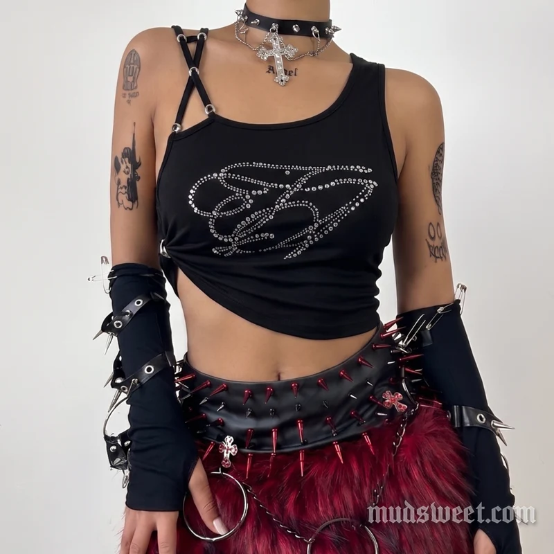 Goth irregular beaded ruched crop top