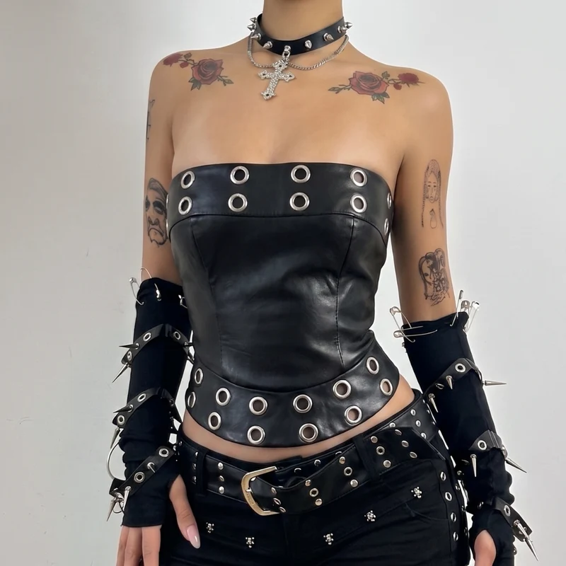 Tube top met open rug en ritssluiting van PU-leer