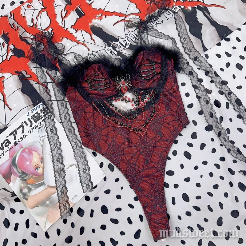 Goth hollow out spider applique bodysuit