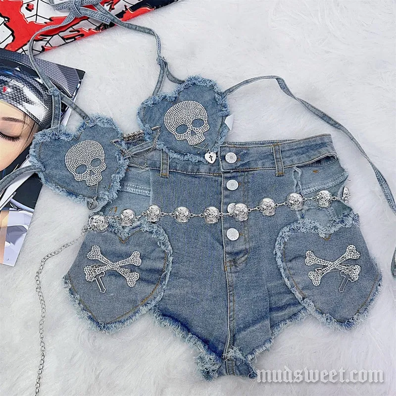 Goth halter denim broek set met doodskop en kralen