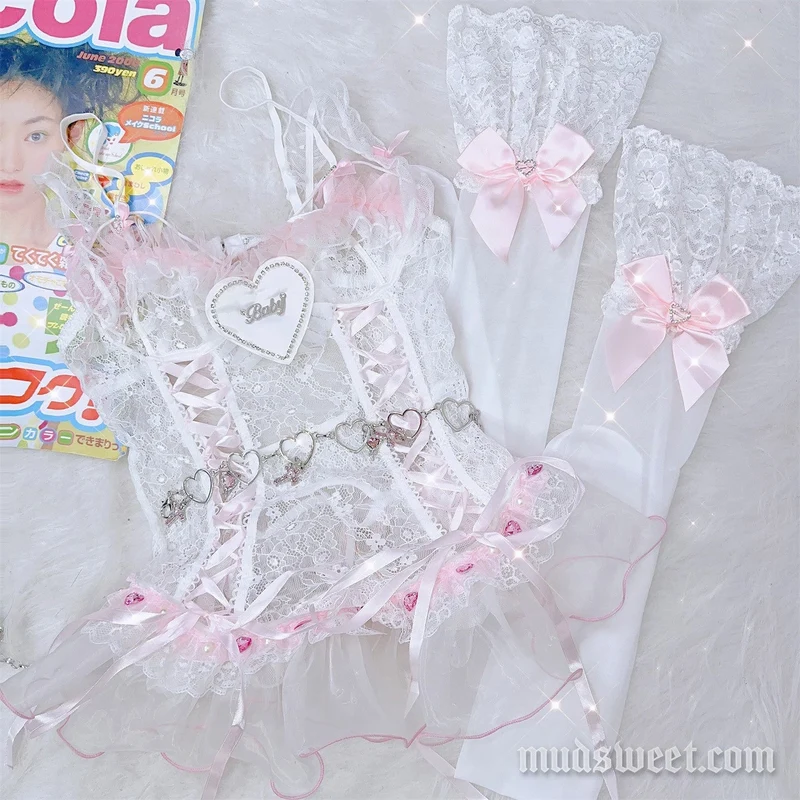 Fairycore bowknot lace ruffle cami top